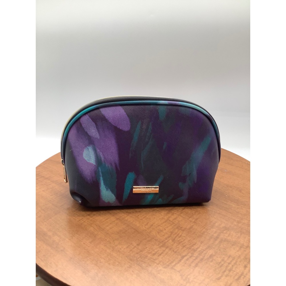 Trina Turk Purple Teal Abstract Brushstroke Dome Cosmetic Makeup Bag Pouch Zip‎